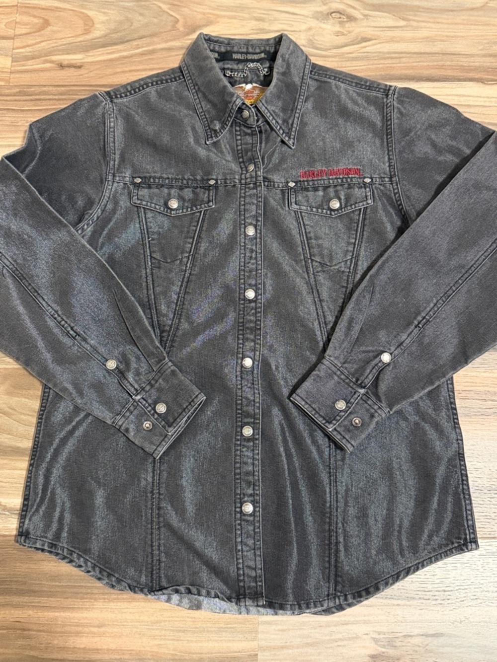 Harley Davidson L/S Shirt Gray Metallic Denim Snap Embroidered Men's M